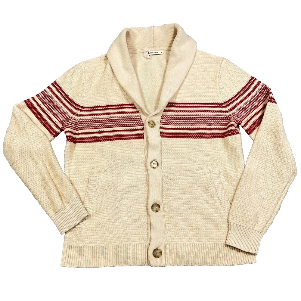 Marine Layer Nate Cardigan Sweater Men Medium Beige‎ Red Striped Heavy Cotton